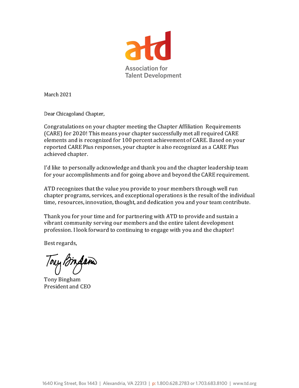 Letter from ATD CEO Tony Bingham recognizing ATDChi for achieving CARE Plus Status in 2021